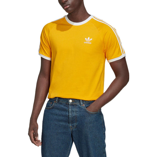 Men's adidas originals Stripe Brand Logo Round Neck Short Sleeve Yellow T-Shirt HK7278