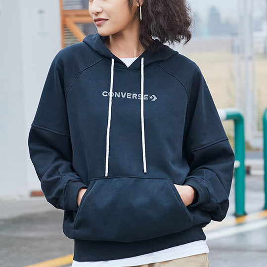 (WMNS) Converse Logo Embroidered Loose Knit Hoodie Black 10023945-A01